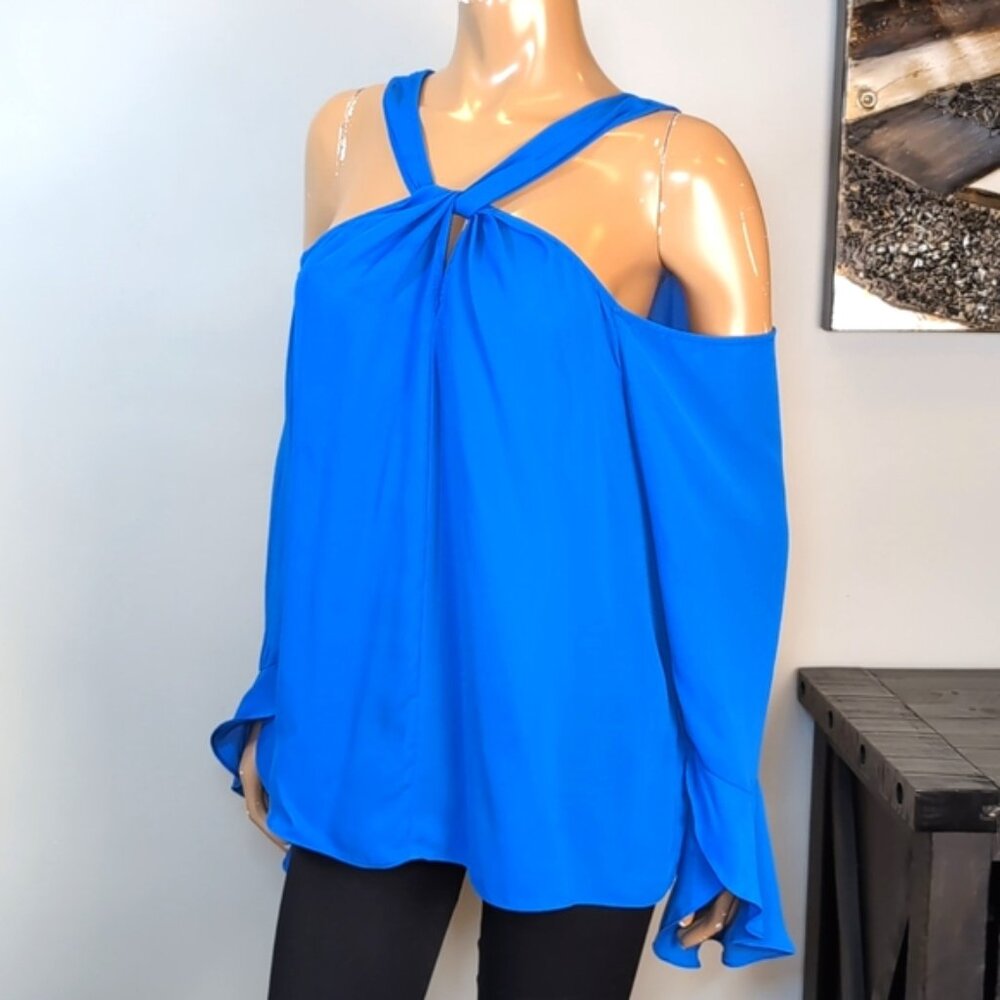 Halston Blue Cold Shoulder Blouse Womens Size XL Long Sleeve Twist Halter Top - Picture 5 of 14